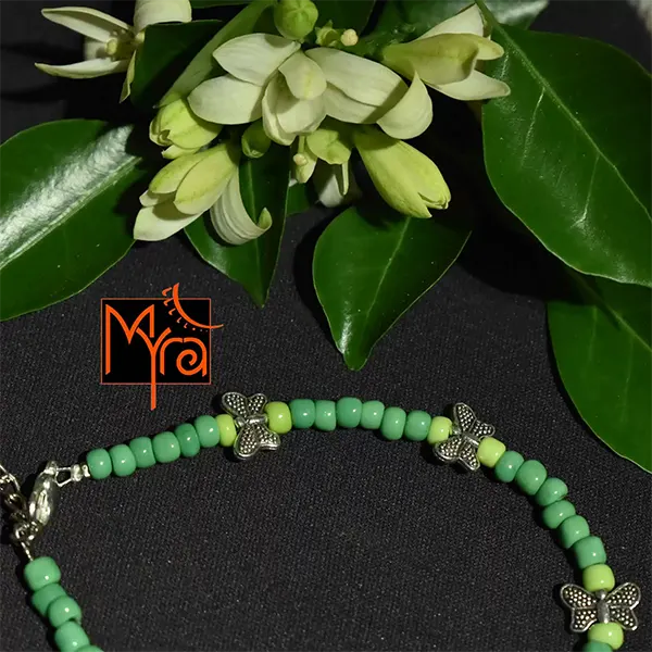 Glass Beaded Anklet with Butterfly Charms : Green