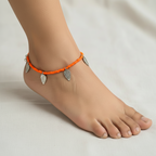 Glass Beaded Leaf Charm Anklet : Orange
