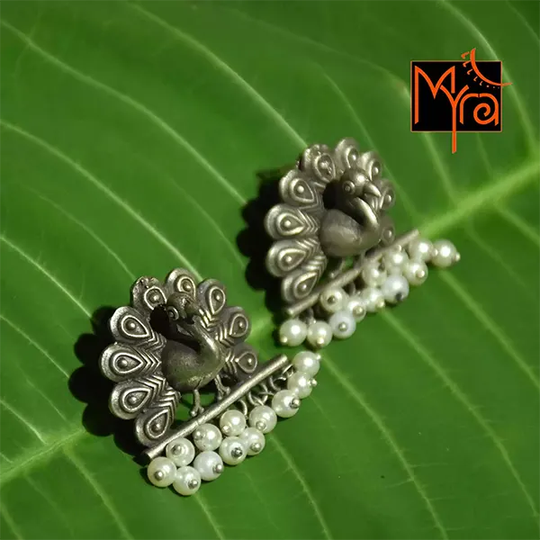Peacock Motif Earrings with Pearl Hangings