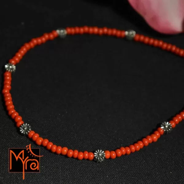 Glass Beaded Anklet with Dandelion Charms : Red