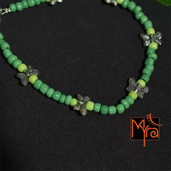 Glass Beaded Anklet with Butterfly Charms : Green