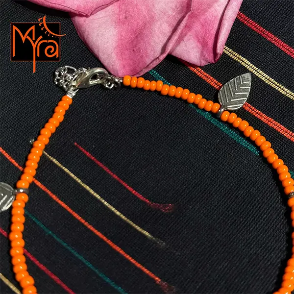 Glass Beaded Leaf Charm Anklet : Orange