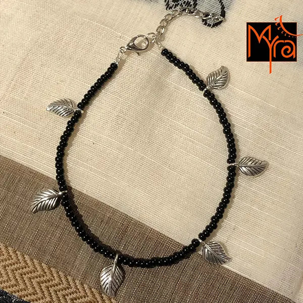Black Anklet with Rounded Silver Flower Charms