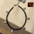Black Anklet with Rounded Silver Flower Charms