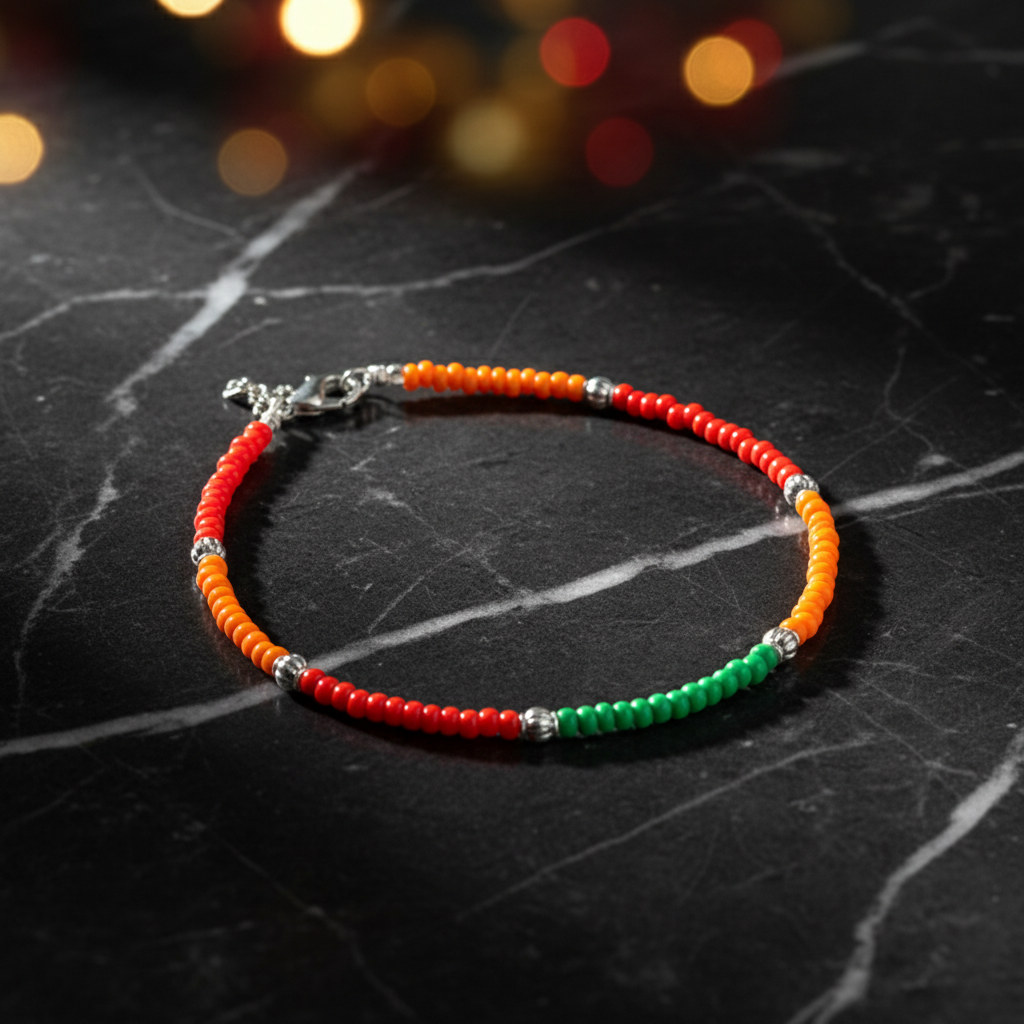 Glass Beaded Charm Anklet : Orange, Red, Green