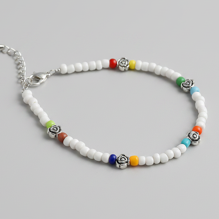 Handcrafted White & Multicolour Glass Beaded Anklet with Rose Charms
