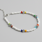 Handcrafted White & Multicolour Glass Beaded Anklet with Rose Charms