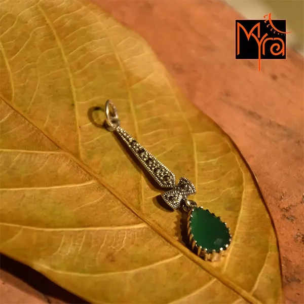Handcrafted marcasite green onyx silver pendant India MYRA