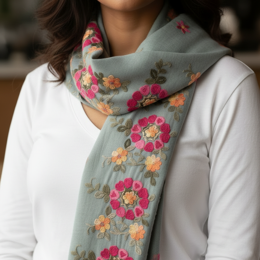 Hand Embroidered Grey Stole