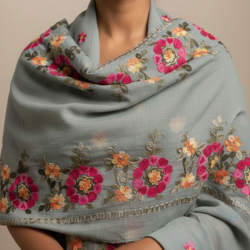 Hand Embroidered Grey Stole