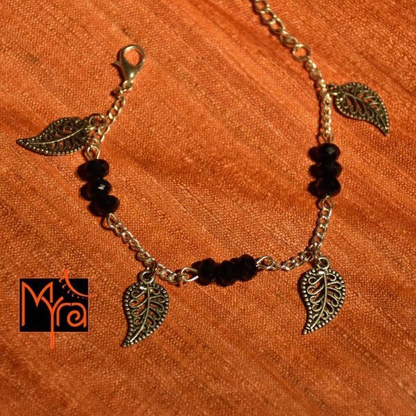Black Crystal Bracelet with Leaf Charms