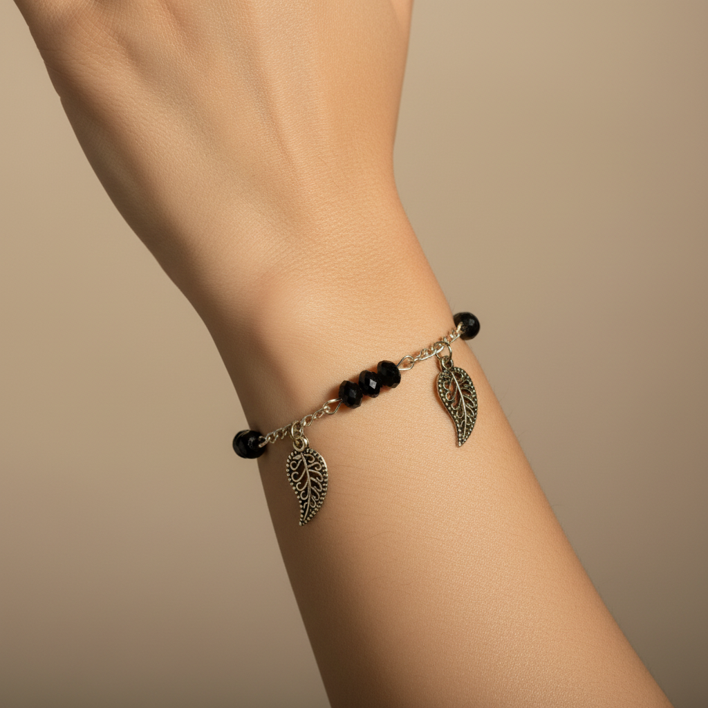Black Crystal Bracelet with Leaf Charms