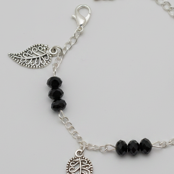 Black Crystal Bracelet with Leaf Charms