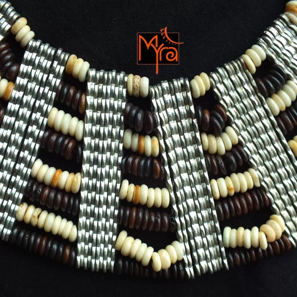 Eight Layer Wooden Beaded Statement Necklace : Off White & Brown