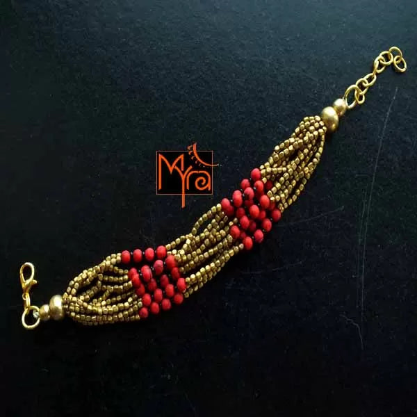Bunch of Brass and Stone Bracelet : Red