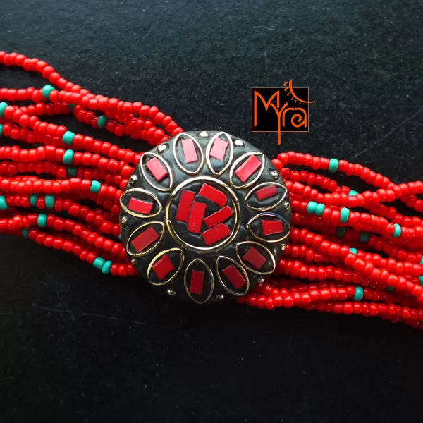Tibetan Stonework Beaded Bracelet : Red (Round)
