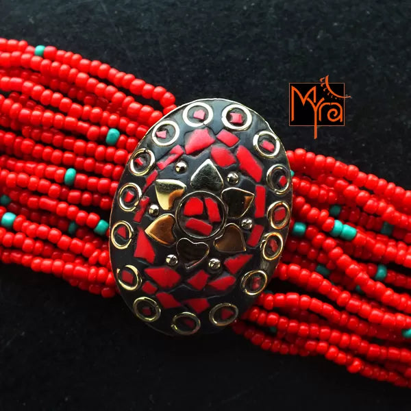 Tibetan Stonework Beaded Bracelet : Red (Oval)