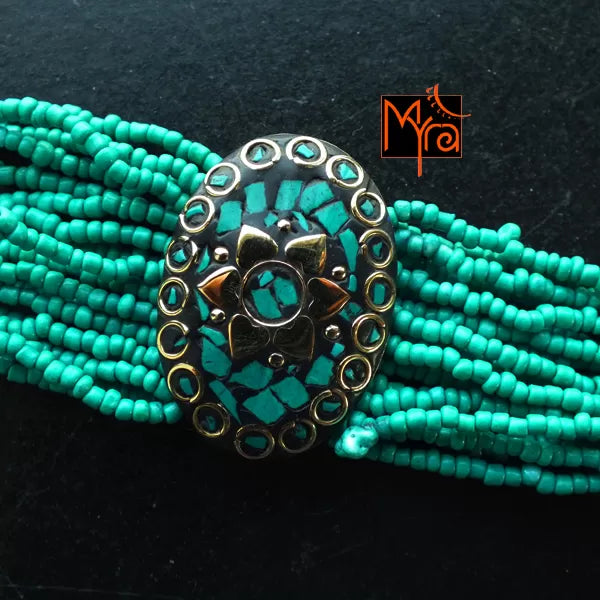 Tibetan Stonework Beaded Bracelet : Turquoise (Oval)