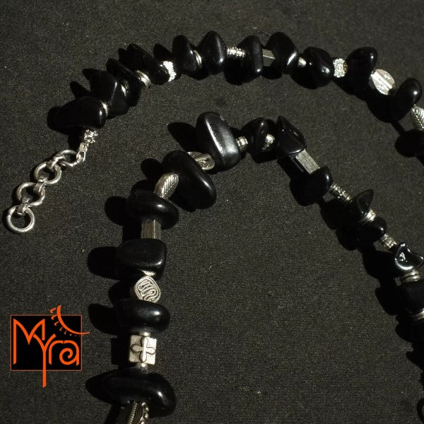 Onyx Stone and Metal Charms Necklace : Black