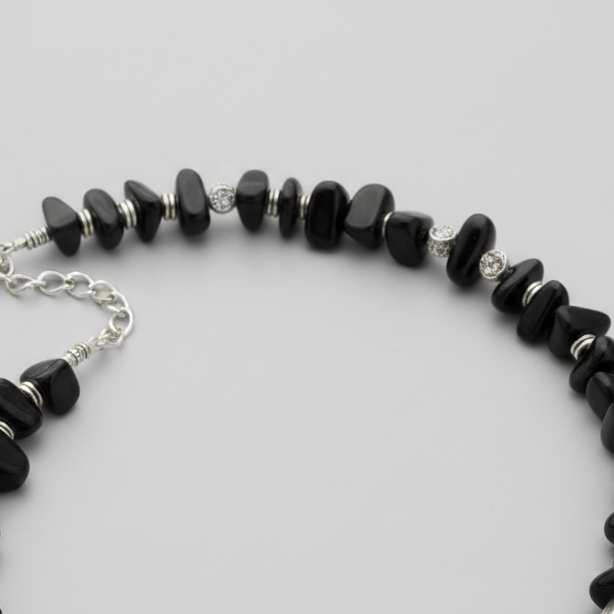 Black Onyx-Inspired Stone & Metal Charms Statement Necklace
