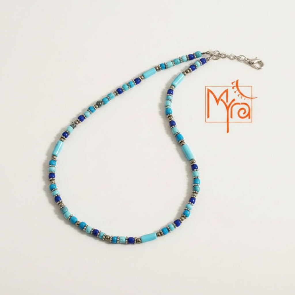 Minimalist Bead and Metal Pieces Necklace : Light Blue, Navy Blue
