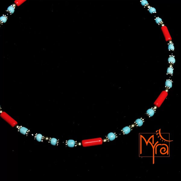 Minimalist Bead and Metal Pieces Necklace : Light Blue, Red