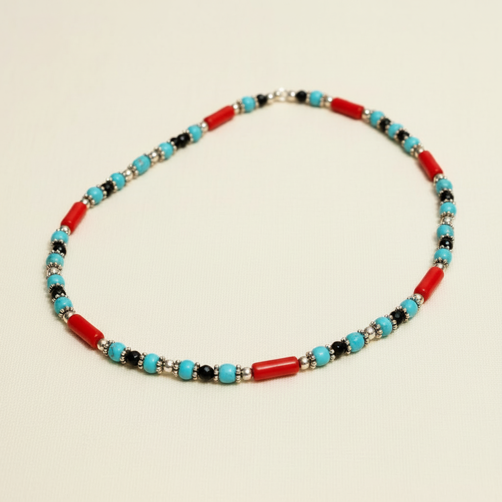 Minimalist Beaded Statement Necklace with Metal Accents (Light Blue & Red)