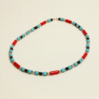 Minimalist Beaded Statement Necklace with Metal Accents (Light Blue & Red)