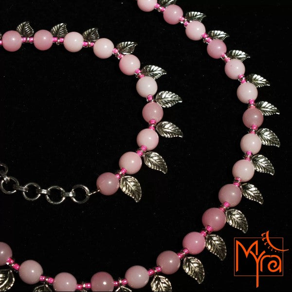Metal Leaf Charm Pink Beaded Necklace