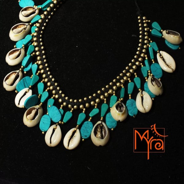 Cowrie Shell Beads with Turquoise Stones Necklace