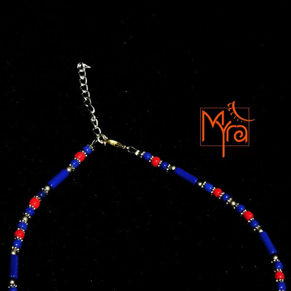 Minimalist Bead and Metal Pieces Necklace : Navy Blue, Red