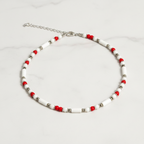 Minimalist Beaded Statement Necklace with Metal Accents (White & Red)