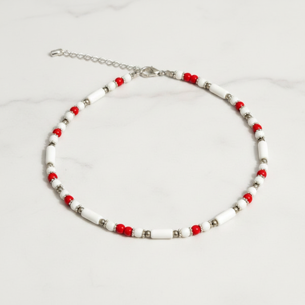 Minimalist Beaded Statement Necklace with Metal Accents (White & Red)