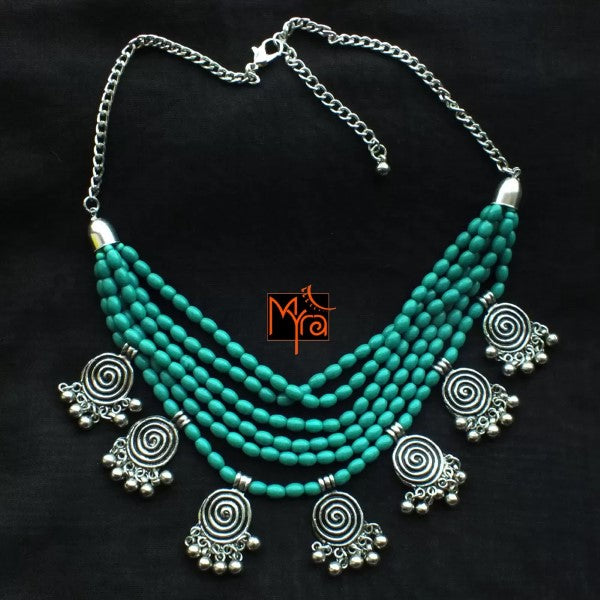 Six Layer Beaded Necklace with Hanging Charms : Turquoise