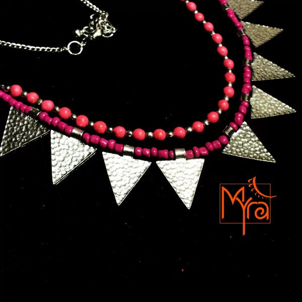 Triangle Charm Two Layer Necklace : Pink