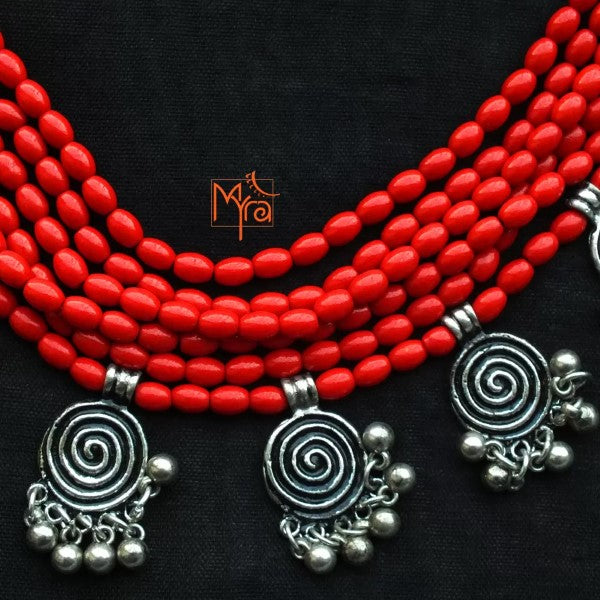 Six Layer Beaded Necklace with Hanging Charms : Red