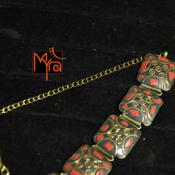Square Pattern Tibetan Stone Choker : Red