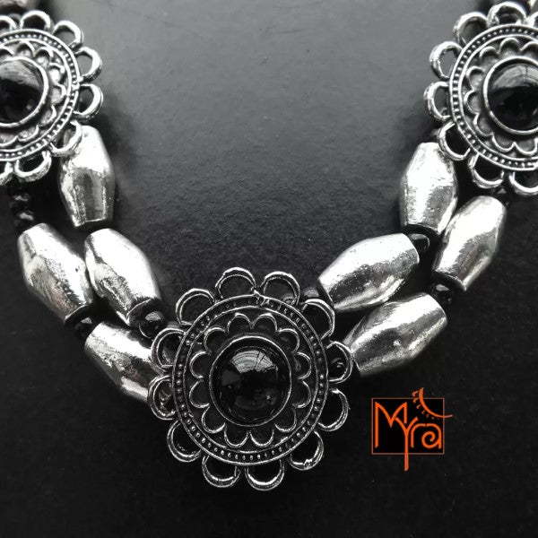 Flower Charm and Metal Beaded Choker : Silver