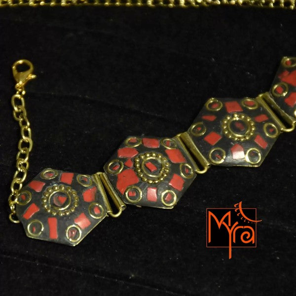 Hexagon Pattern Tibetan Stone Choker : Red