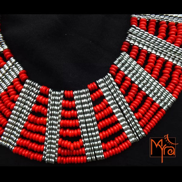 Eight Layer Wooden Beaded Statement Necklace : Red