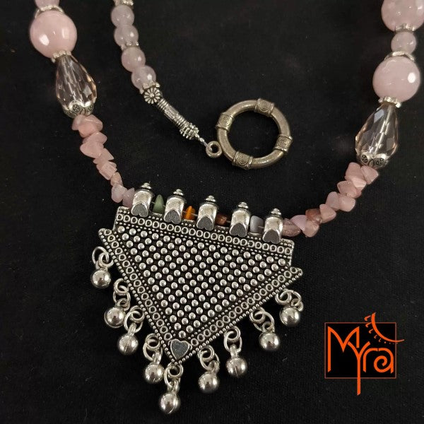 Rose Quartz copy Stone Necklace with Triangle Pendant