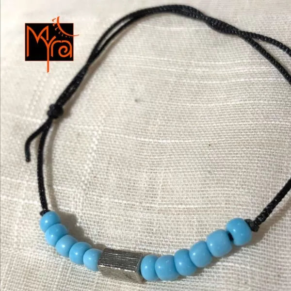 Black String Anklet with Beads : Sky Blue with Charm