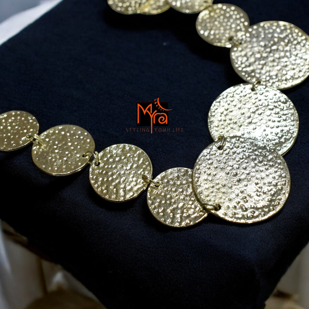 Golden Coin-Patterned Beaten Necklace & Earrings