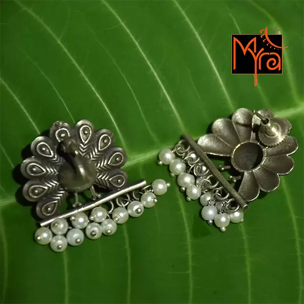Peacock Motif Earrings with Pearl Hangings