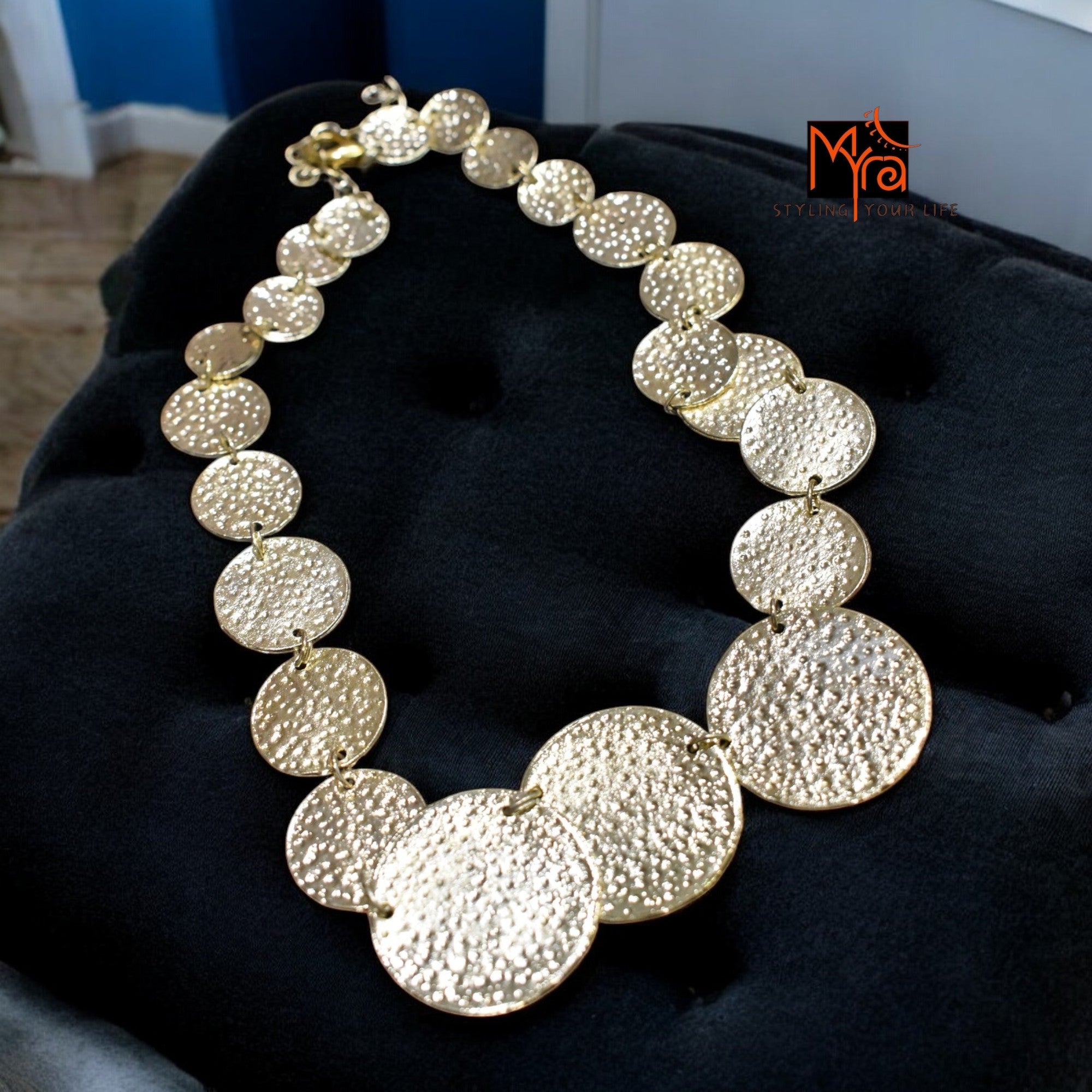 Golden Coin-Patterned Beaten Necklace & Earrings
