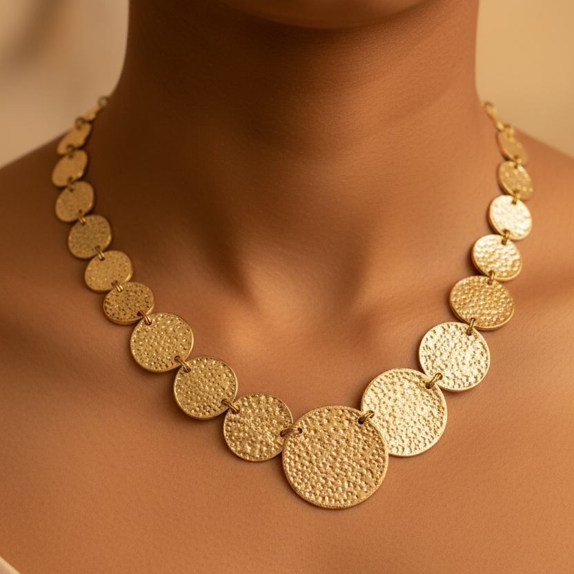 Golden Coin-Patterned Beaten Necklace & Earrings