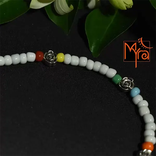 Glass Beaded Anklet with Rose Charms : White, Multicolored