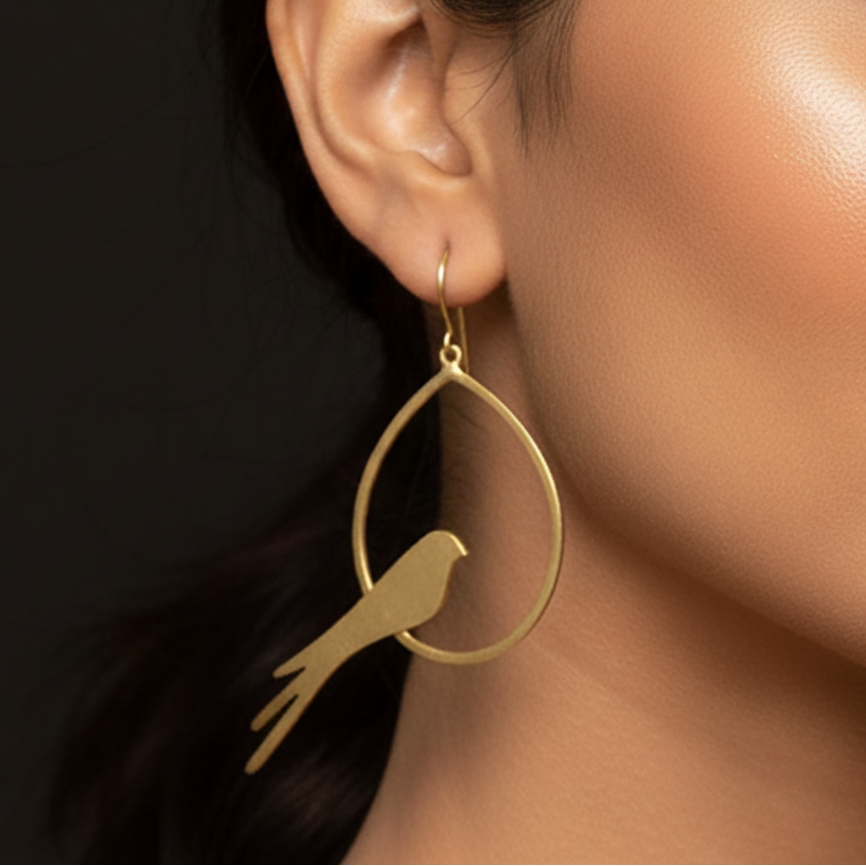 Pankh - Bird on Teardrop Ring Brass Earrings