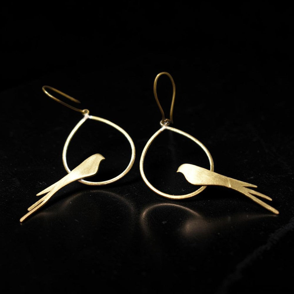 Pankh - Bird on Teardrop Ring Brass Earrings