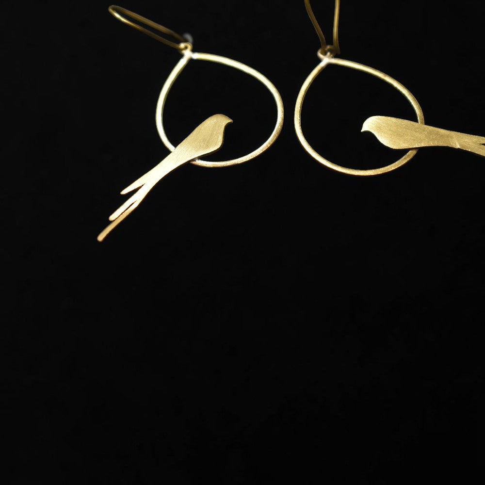 Pankh - Bird on Teardrop Ring Brass Earrings
